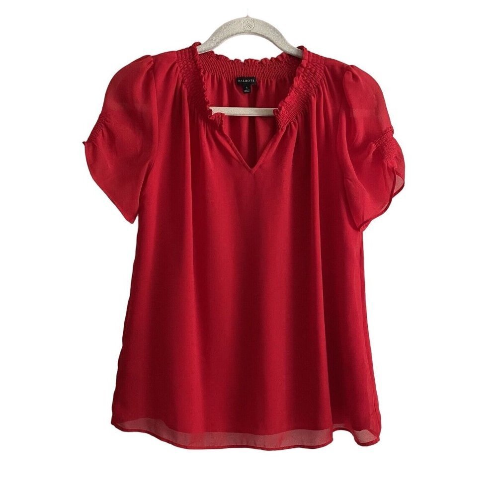 Talbots Red V-Neck Smocked Short Sleeve Blouse